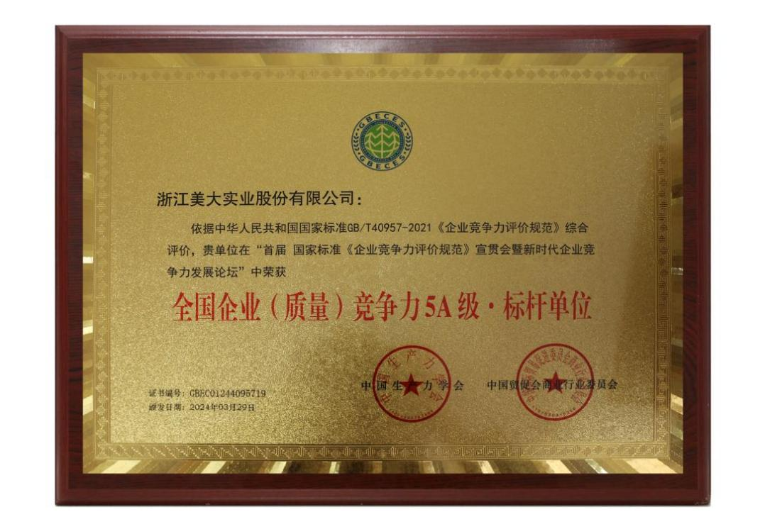 浙江美大荣获全国企业（质量）竞争力5A级·标杆单位